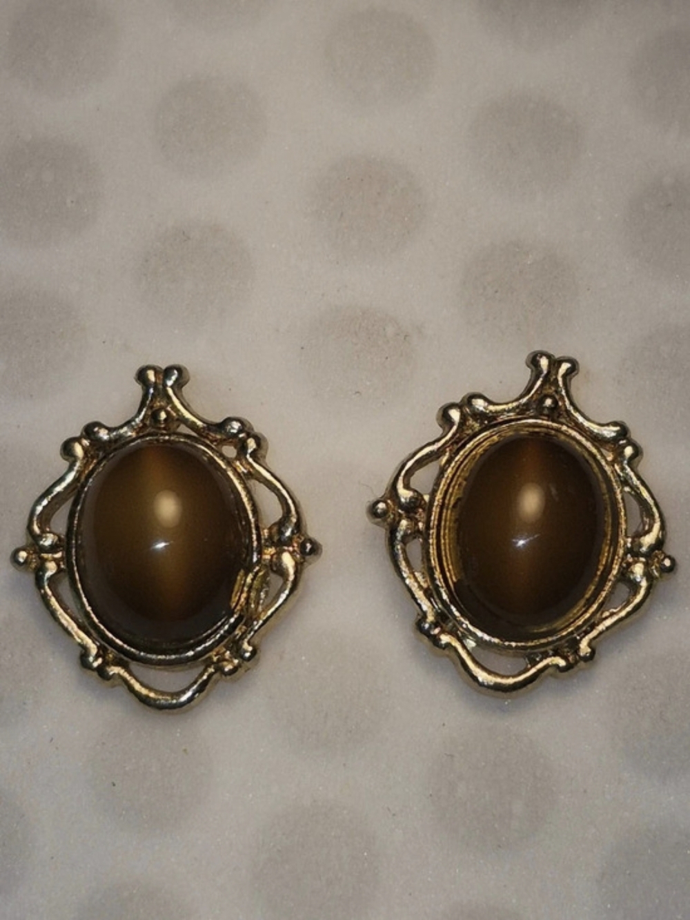 Vintage Premier Designs Brown Cabochon Stud Earrings Gold Tone